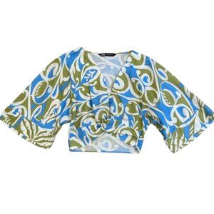ZARA Linen Blend Crop Top Boho Print Knot Front Blouse Multicolor XS